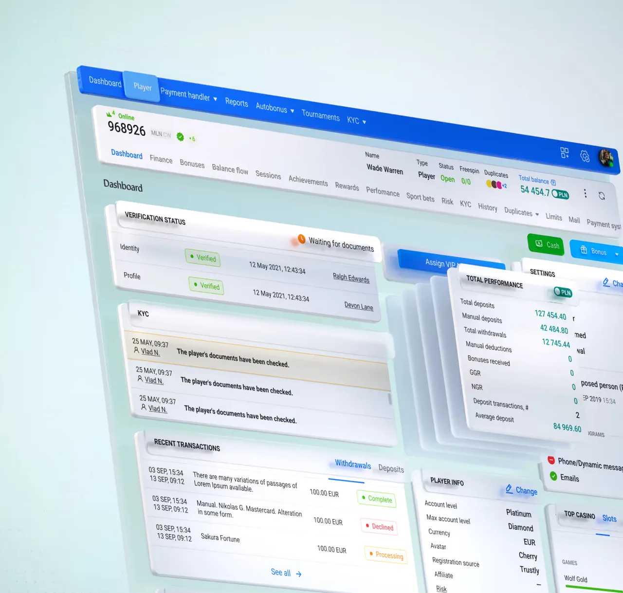 Back-office analytics dashboard with player activity panels