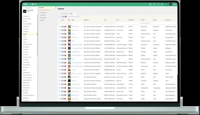 Casino game catalog organized in a content management system on a laptop