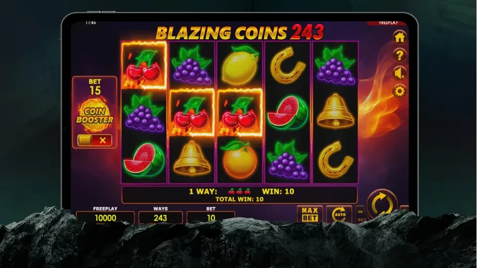 Blazing Coins 243 slot game by Amatic displayed on a tablet