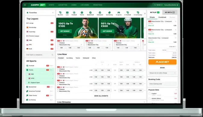 Sportsbook interface with live events and a bet slip on a laptop